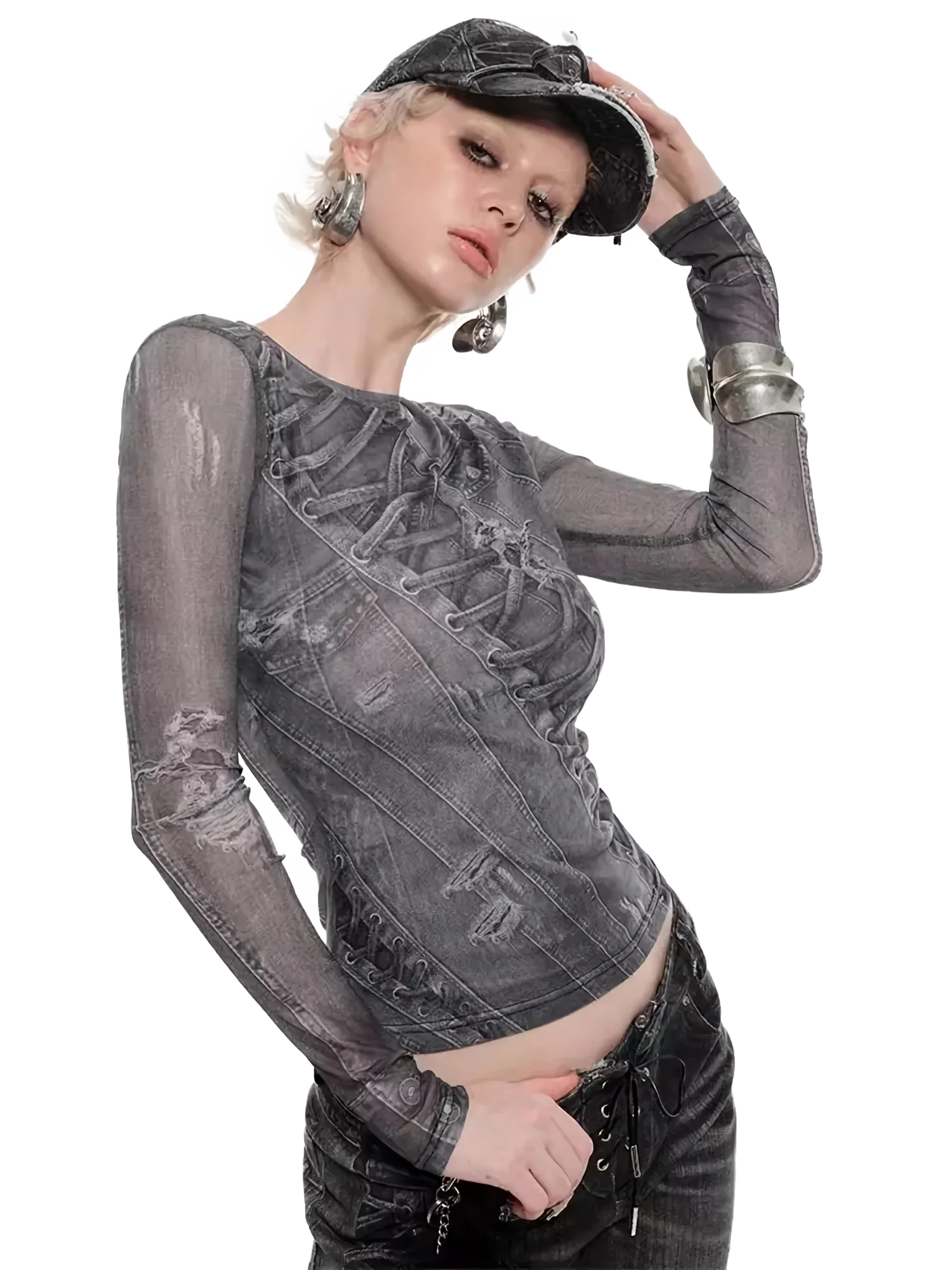 Denim-Print Sheer Mesh Long Sleeve Tee
